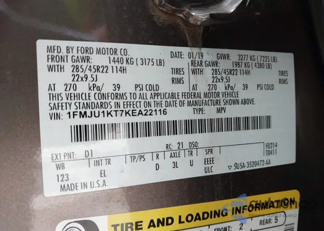 2019 Ford Expedition Limited from USA, damaged, VIN 1FMJU1KT7KEA22116